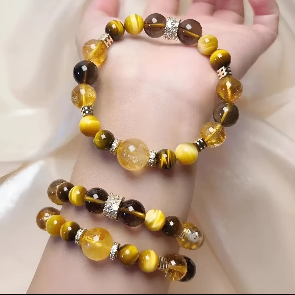Natural yellow 10mm crystal bead bracelet with handmade unisex design