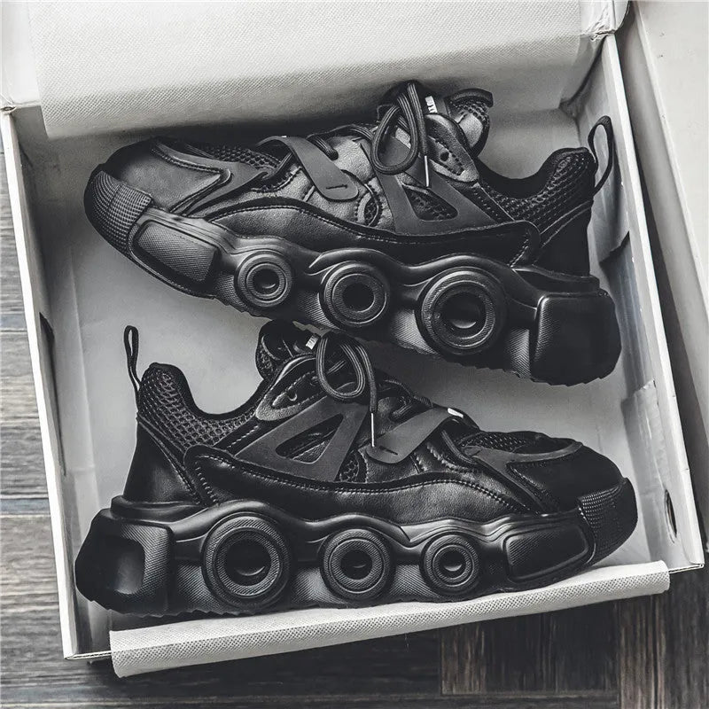 Men's black mesh sneakers with thick rubber sole and lace-up front in Korean style casual design