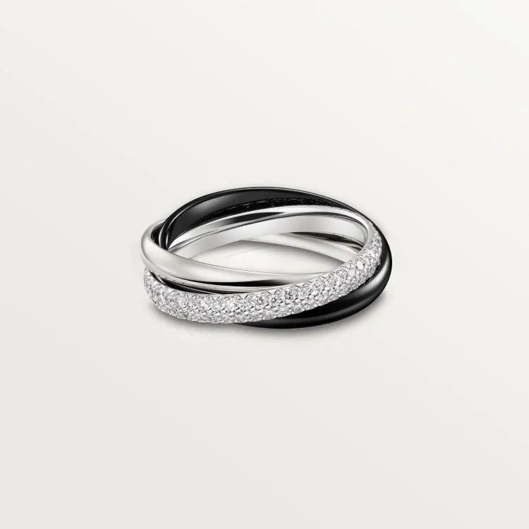 A set of sterling silver couple rings showing full diamond, half diamond, and plain band options in gold rose and silver black finishes.