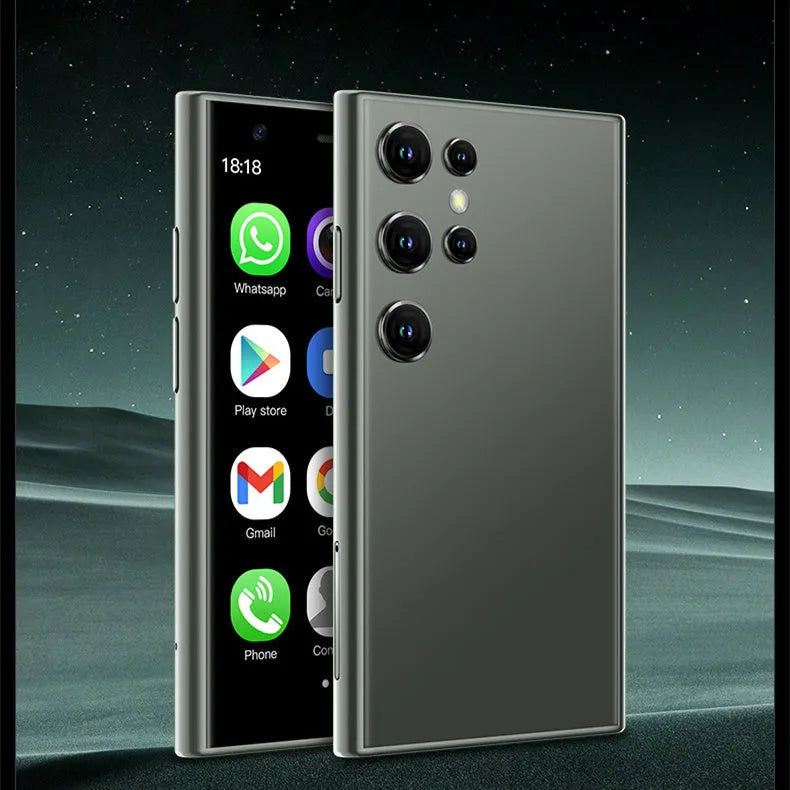 Black, green, and pink purple S23PRO XS15 mini smartphone with 3-inch screen on a straight plate.
