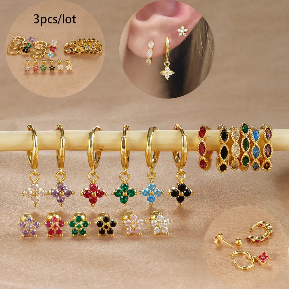 Crystal flowers geometric cartilage earrings set on copper with electroplated gold finish