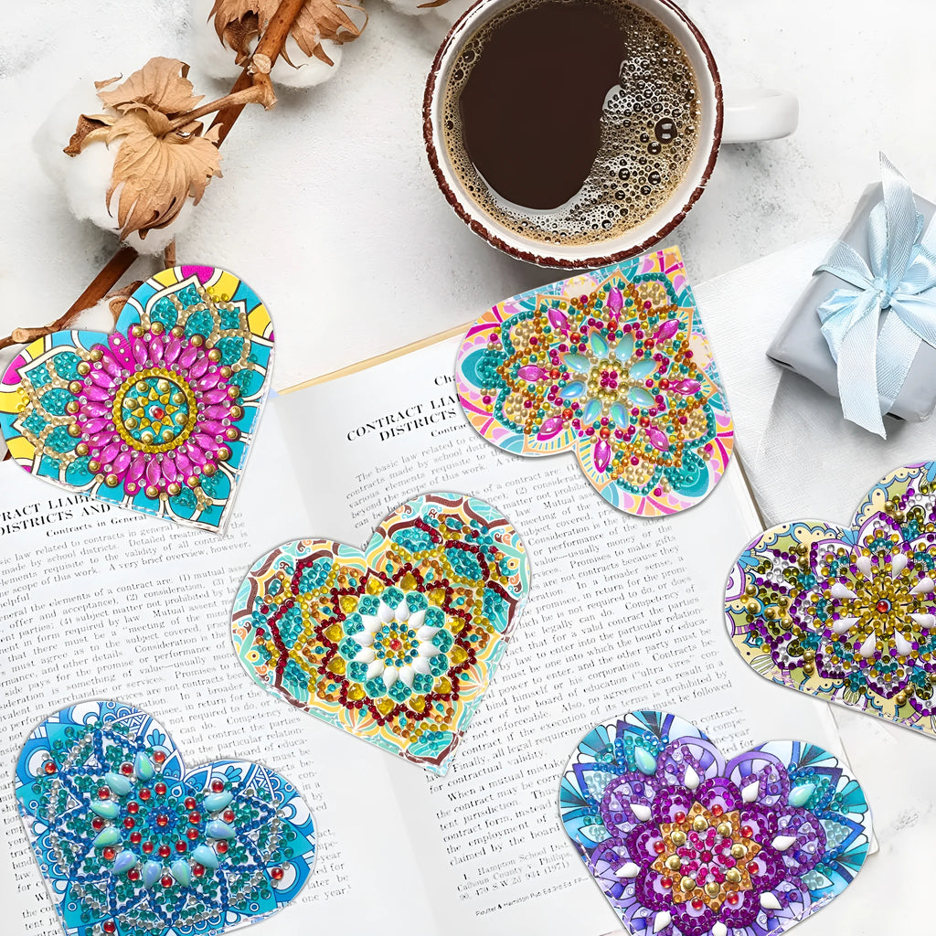 Six handmade PU leather bookmarks with stick-on crystal flowers at the cornerite.