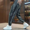 Men's striped cropped pants with ankle ties in ice silk fabric