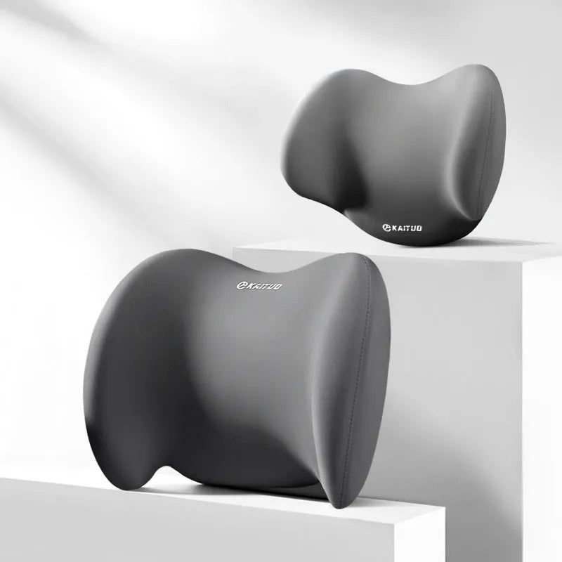 Grey and black memory foam car headrest and lumbar support pillows with cotton covers