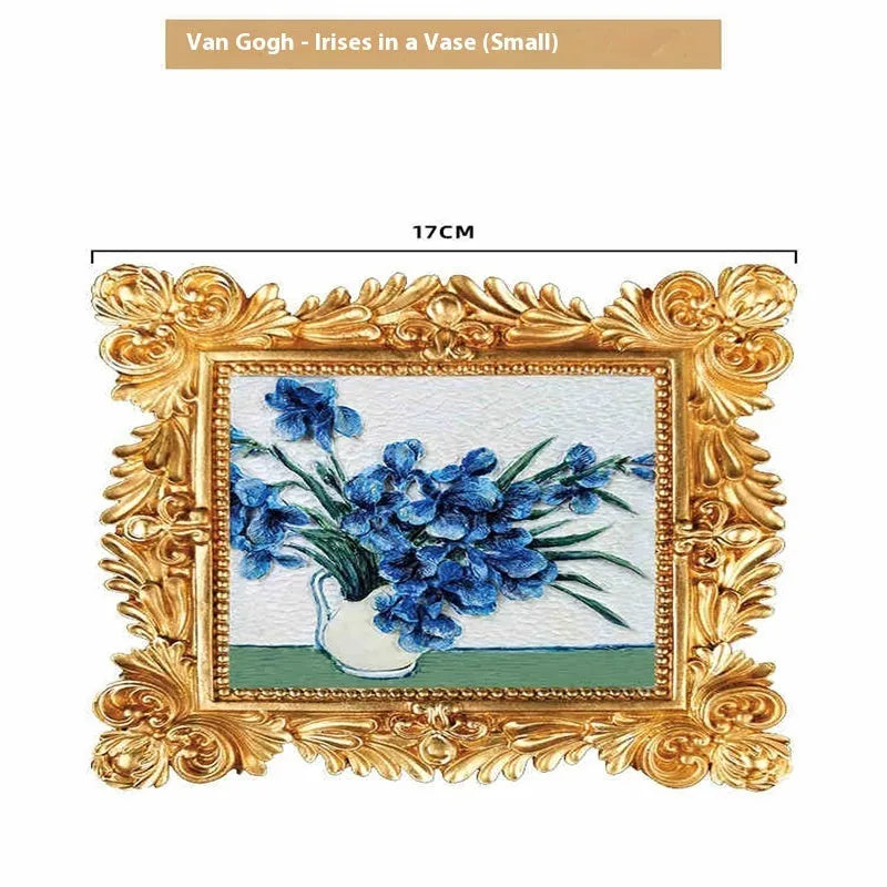 DIY hand drawn oil painting kit showing epoxy pottery base, propylene paints, brushes, and a completed framed Van Gogh 'Starry Night' example.