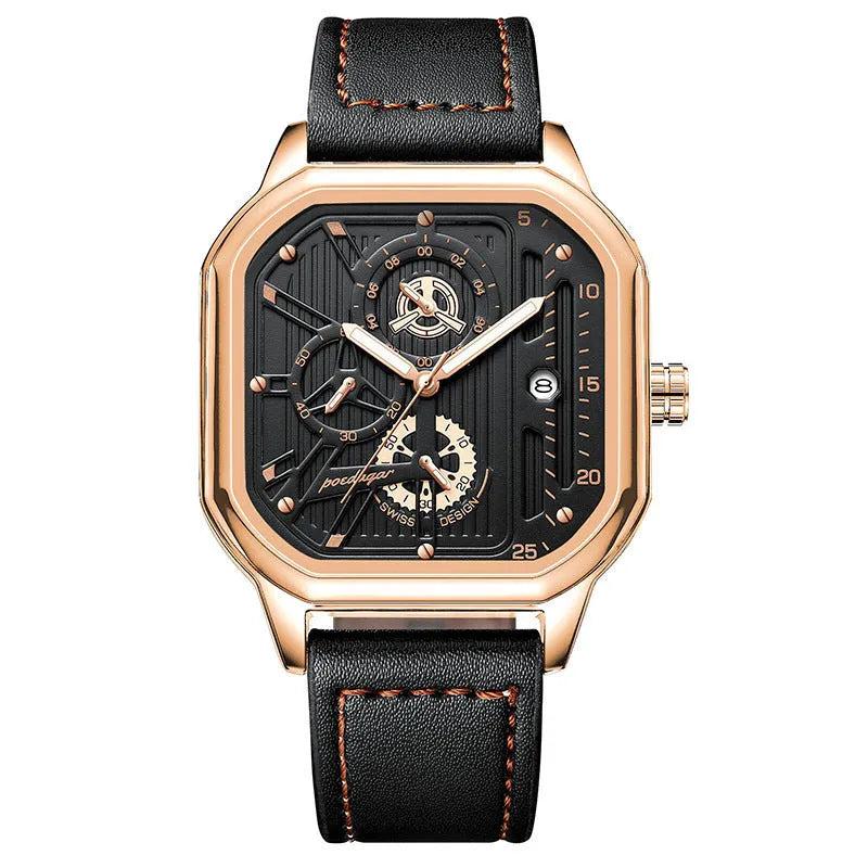 Men's belt-style sports watch with 8mm thickness showing colour variations including black shell with gold nail details