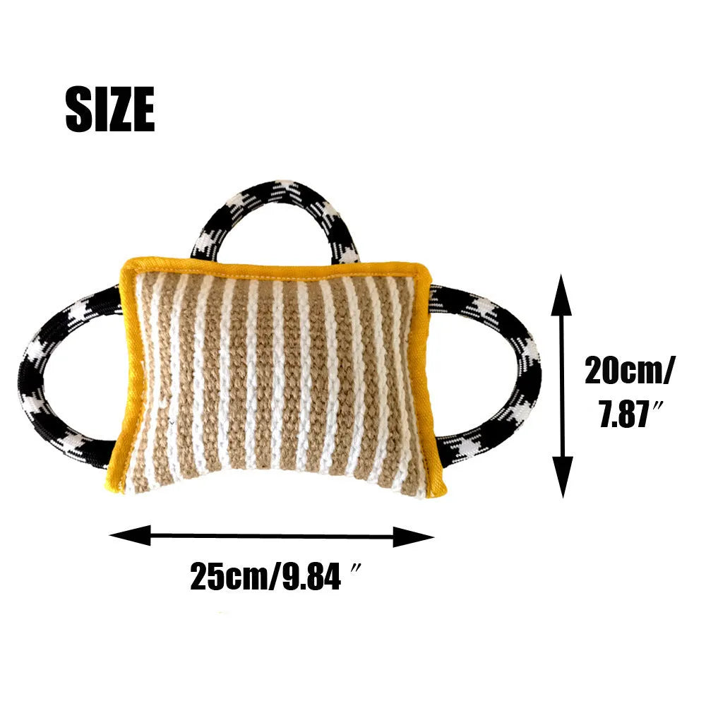 Jute dog tug toy with three rope handles and a central bite pillow for interactive play.