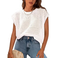 White women's loose fit pullover sweater with crochet detail on the sleeves, shown on a hanger.