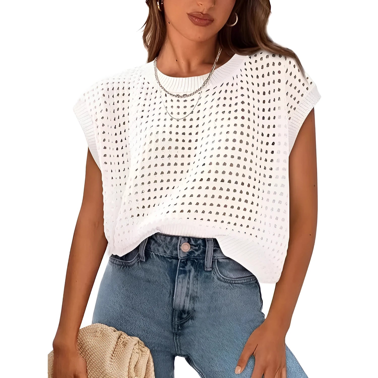 White women's loose fit pullover sweater with crochet detail on the sleeves, shown on a hanger.
