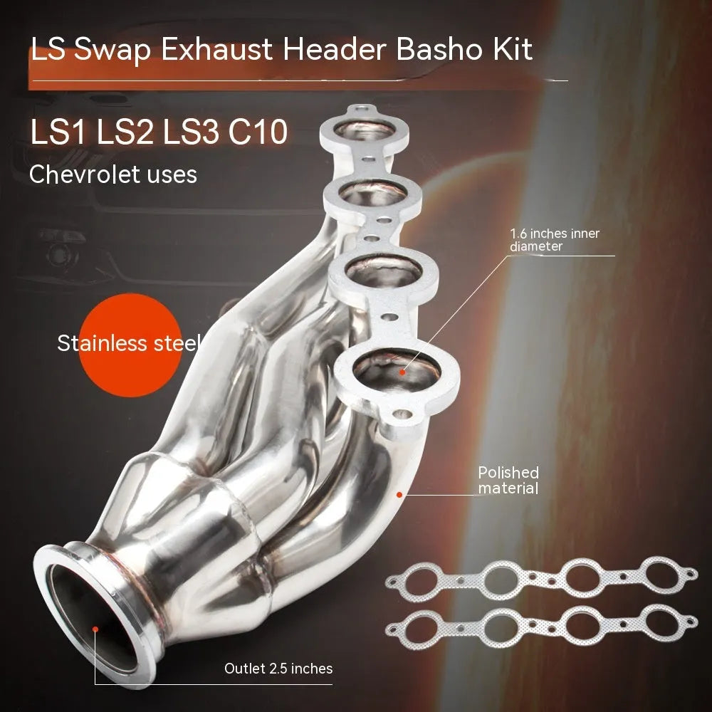 Silver 304 stainless steel modified exhaust manifold for Chevrolet LS1 LS2 LS3 LS6 engines.