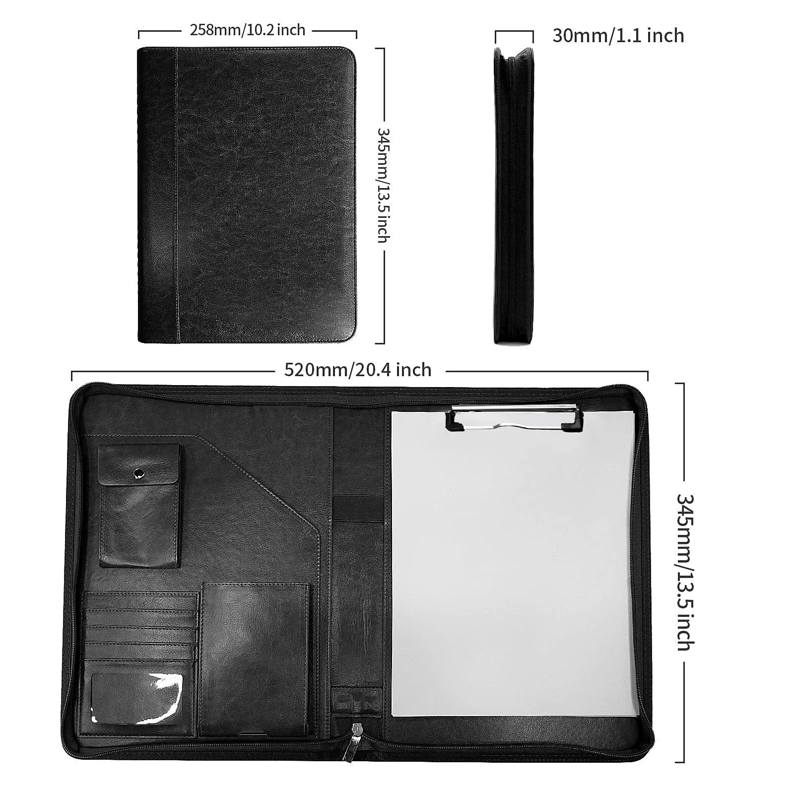 Waterproof PU zipper envelope storage bag in black – 34 x 25.5 x 3 cm with polyester lining for loose-leaf planners