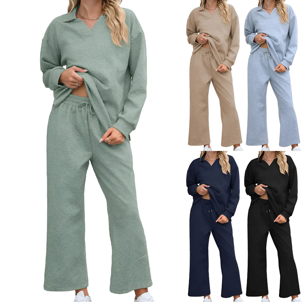 Women's solid colour knitted jacquard sweater and elastic waist cropped trousers suit set