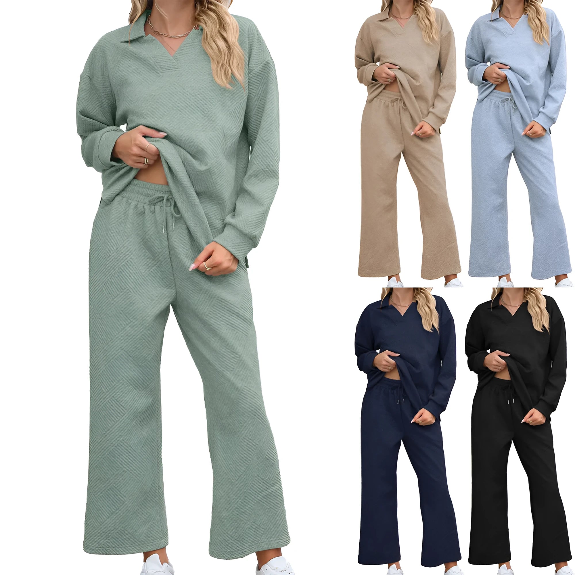 Women's solid colour knitted jacquard sweater and elastic waist cropped trousers suit set