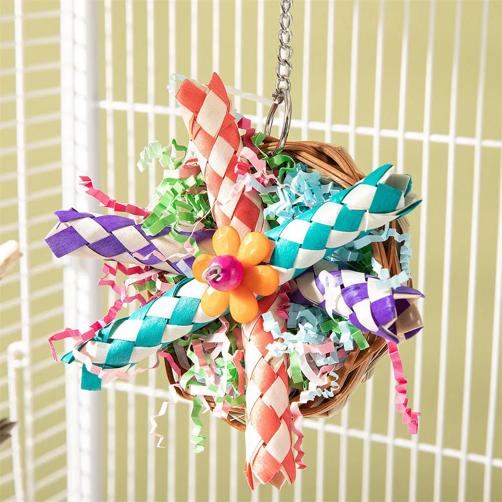 Set of three parrot gnawing toys for beak exercise including types A, B, and C.