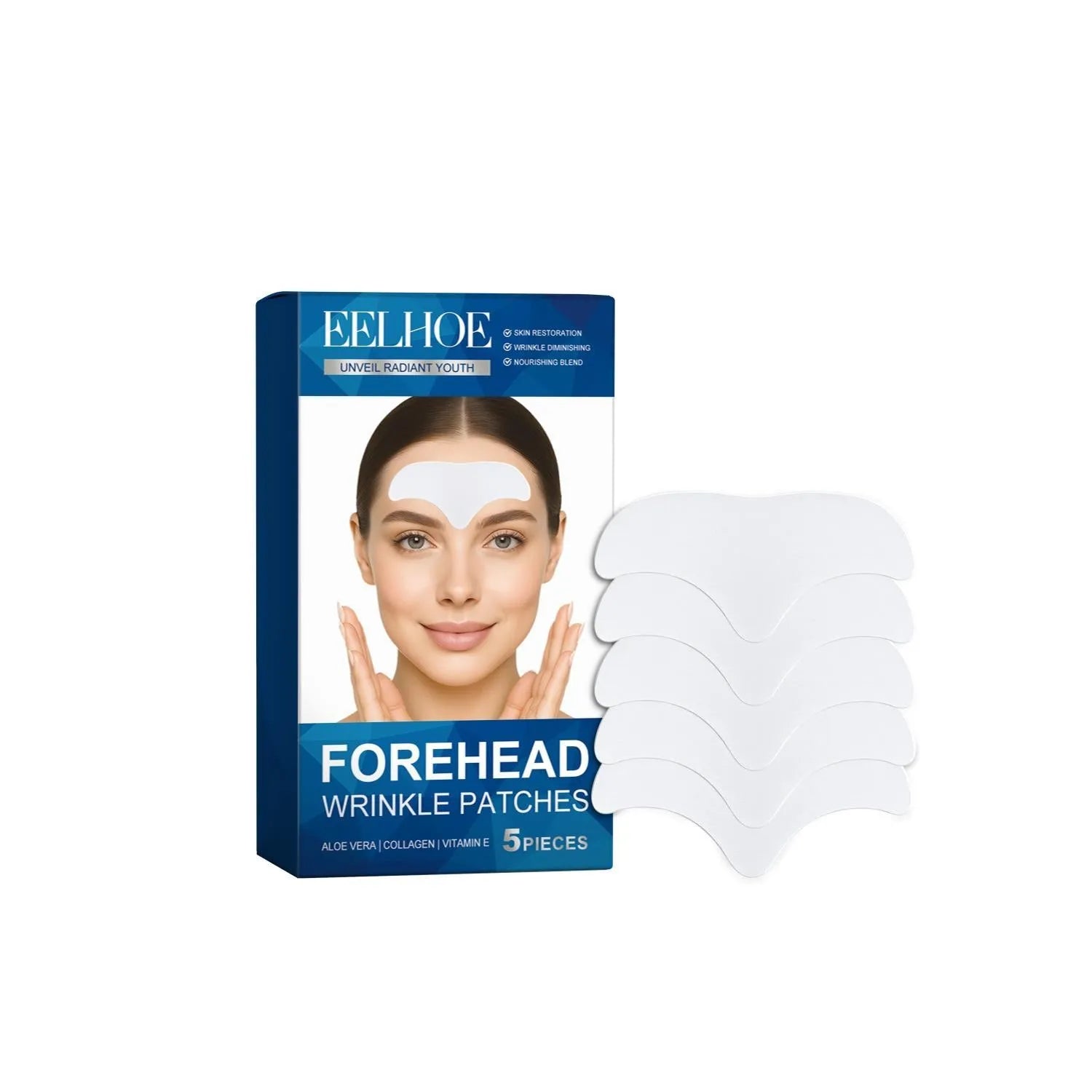 Pack of five non-woven fabric forehead skin care patches for moisturising