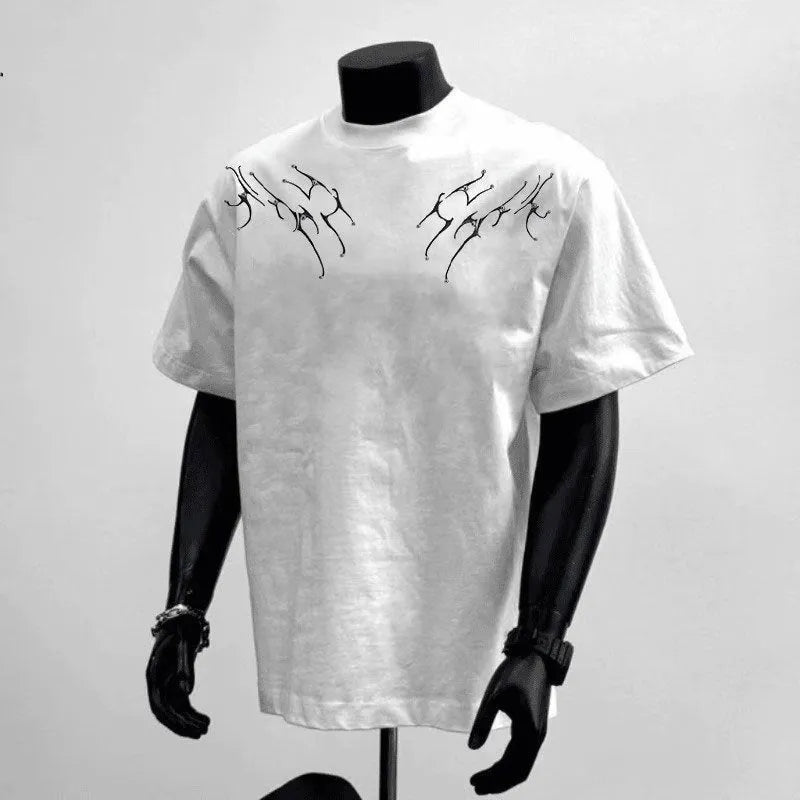 Men's loose fit pure cotton short sleeve shirt in black, showing printed design.
