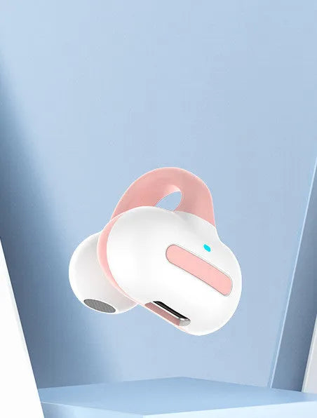 Clip-on Bluetooth headset earphones in black, white, pink, or blue colours showing ear-to-ear design