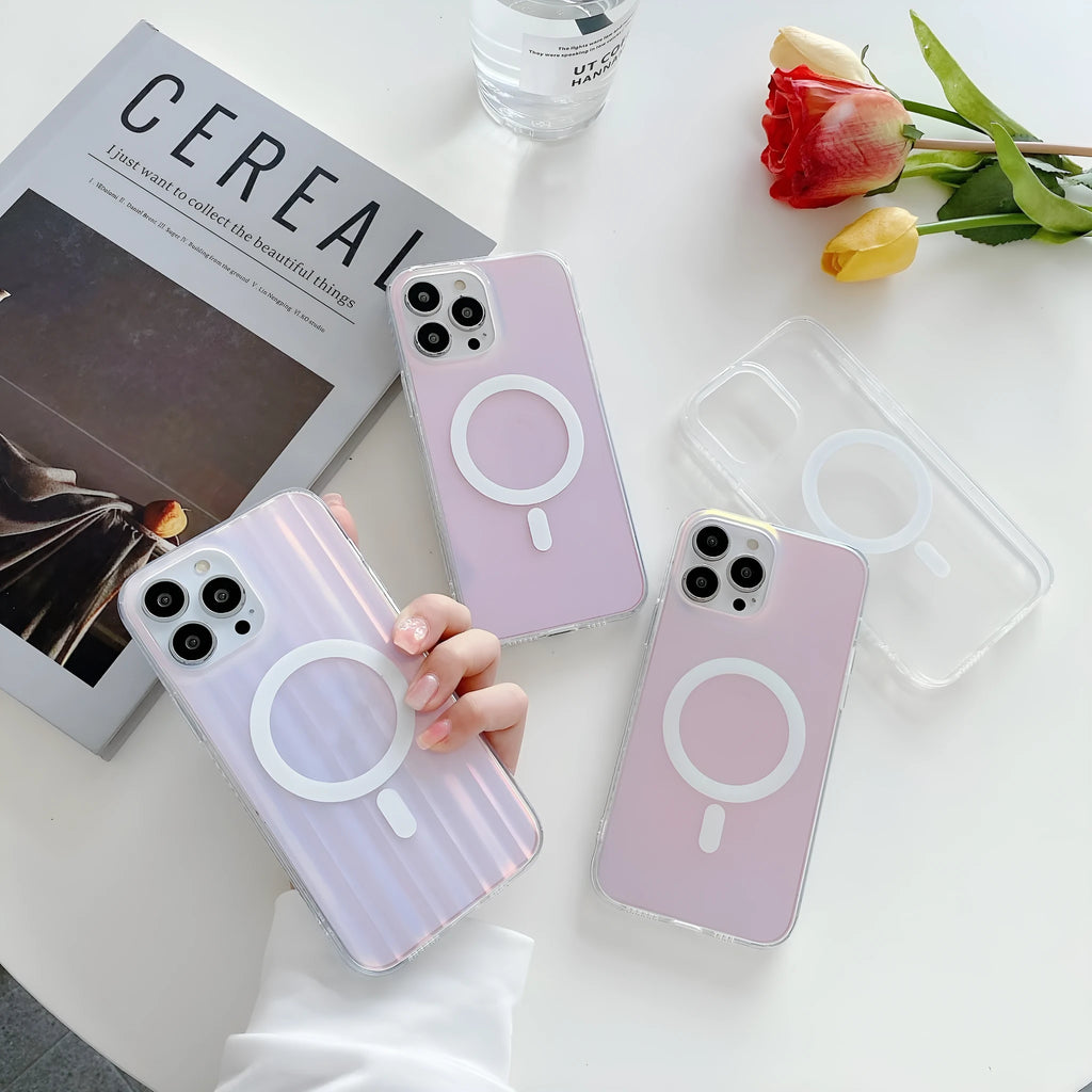 Transparent frosted magnetic back case for iPhone 14 Pro Max with visible camera cutout and shiny laser pattern