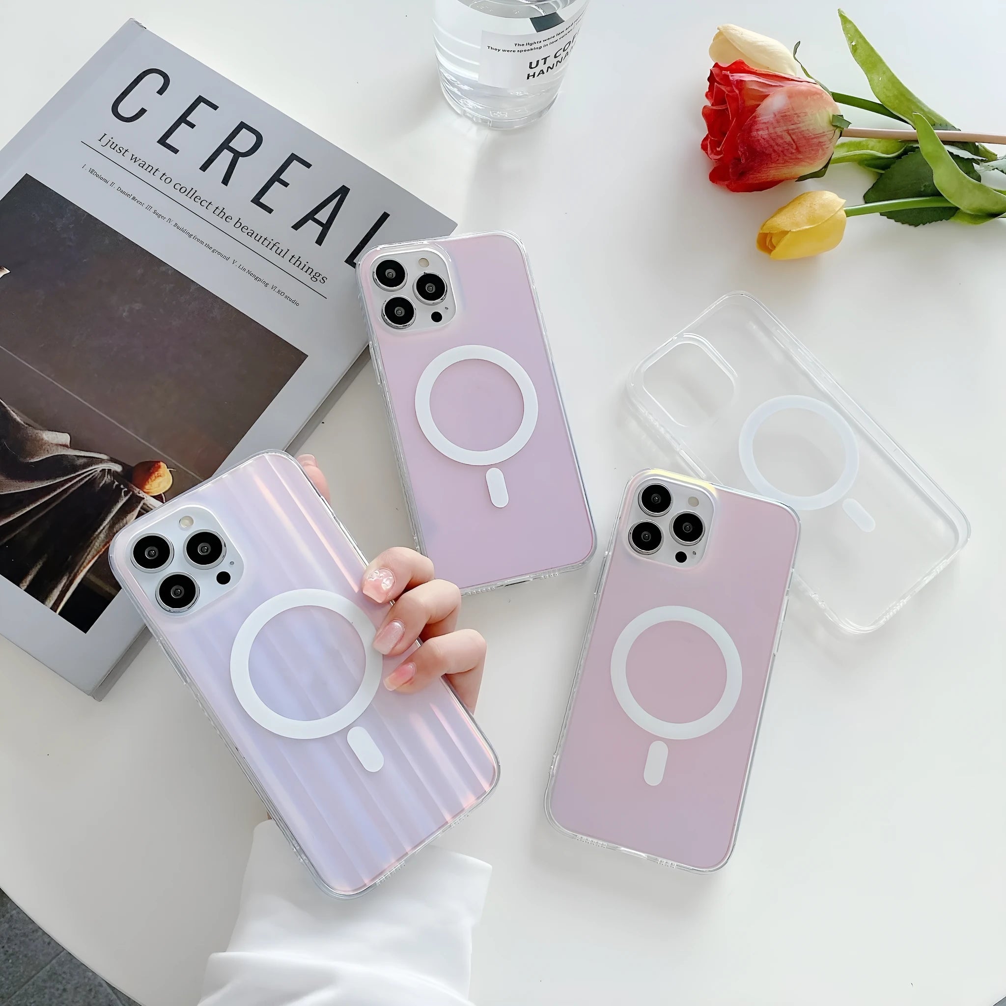 Transparent frosted magnetic back case for iPhone 14 Pro Max with visible camera cutout and shiny laser pattern