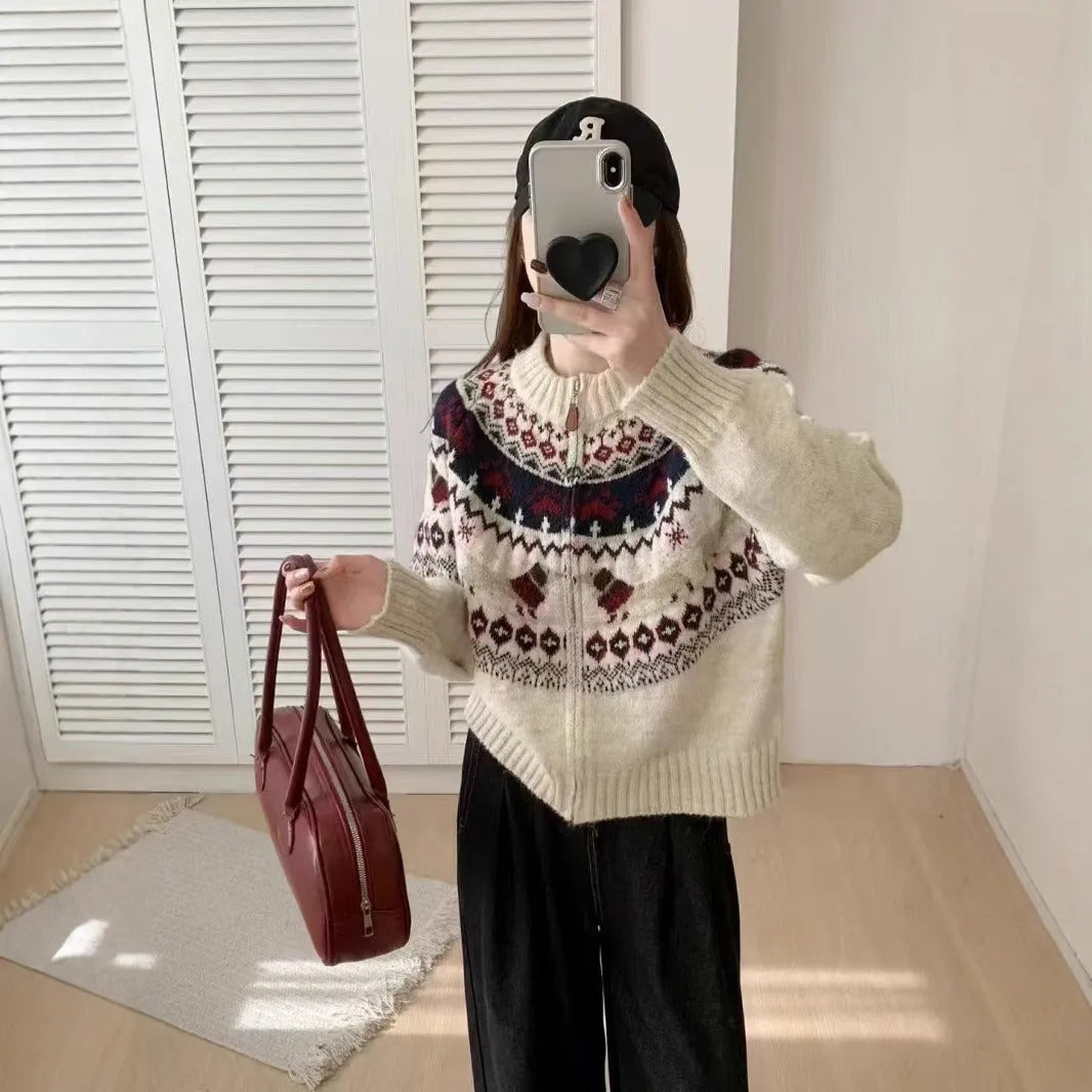 Ethnic style heavy industry jacquard pullover sweater with 3D pattern, shown in beige apricot and navy blue colours.