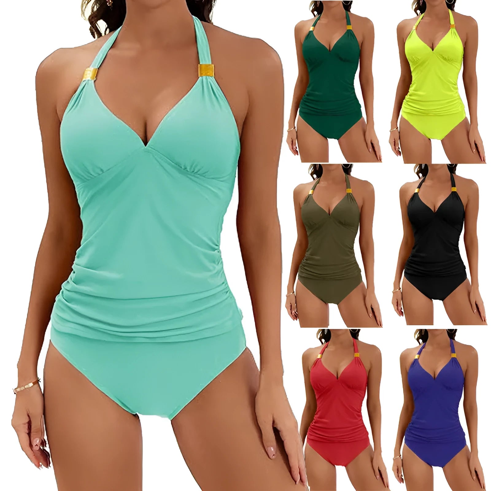 Women's solid colour halter neck bikini set with V-neck top and shorts on a mannequin.