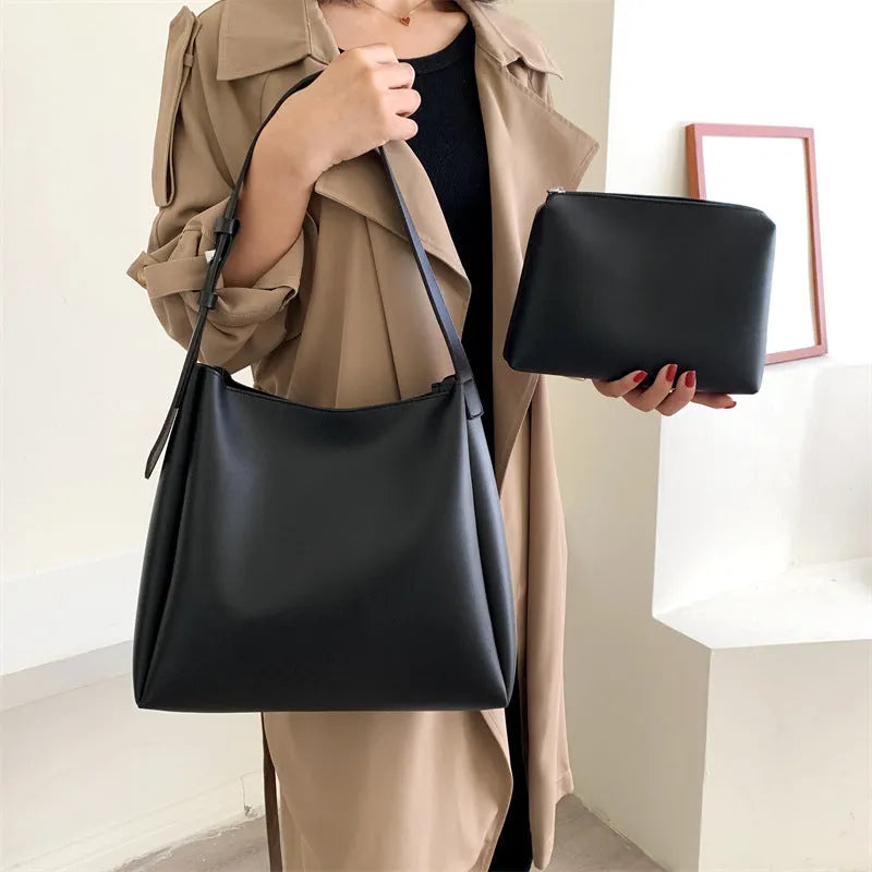 Women's large PU leather shoulder bag set with small bag in five colours white black khaki dark brown brown