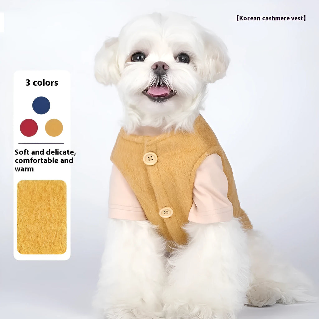Small dog wearing a blue Korean-style cotton cashmere vest for autumn and winter.