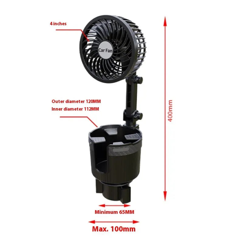 ABS plastic car fan sitting in a vehicle cup holder