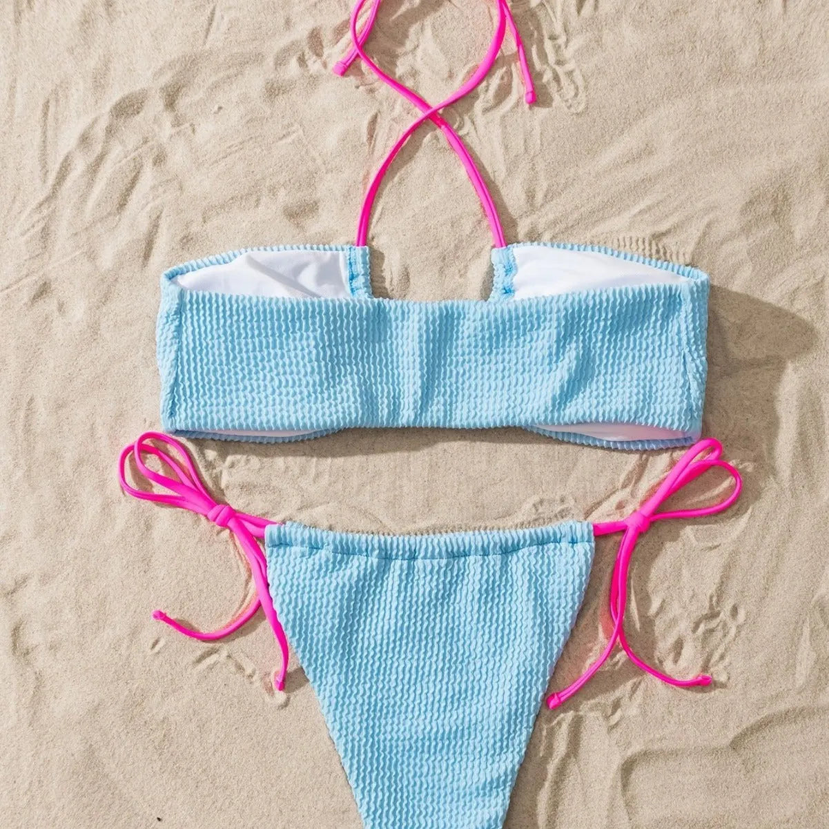 Solid colour women's halter lace-up swimsuit set with separated top and pants in polyester fabric