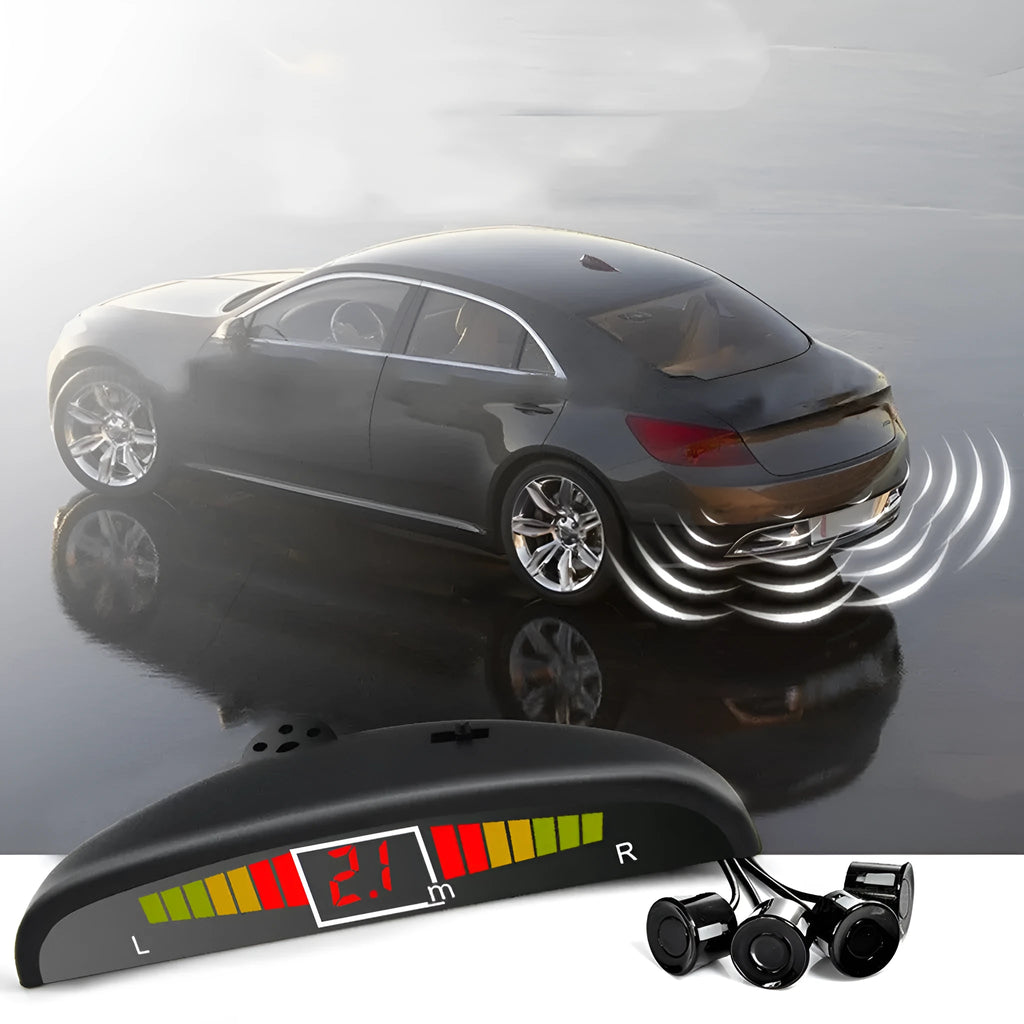 Car LED crescent buzzer parking sensor with four probes in black silver and white for 12V vehicles