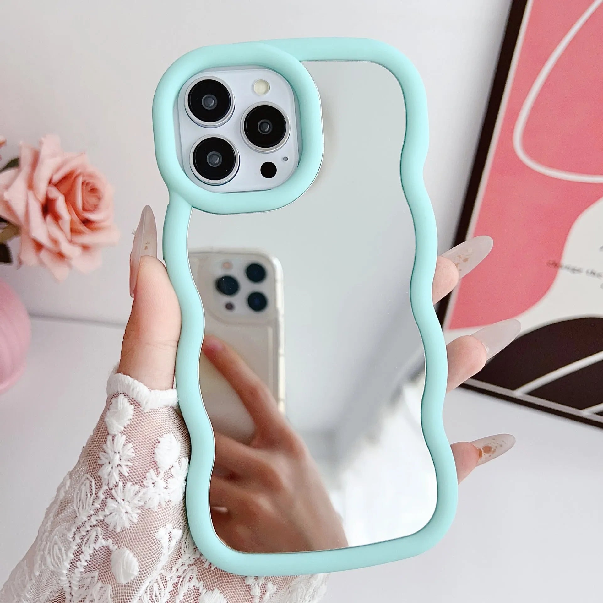 Silicone cloud wave phone case for iPhone 12 to 16 series, black with mirror finish
