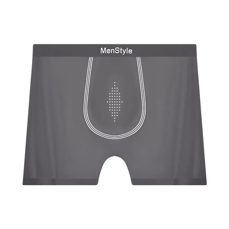 Men's seamless satin ice silk boxers in dark grey showing mid waist and single-layer crotch design