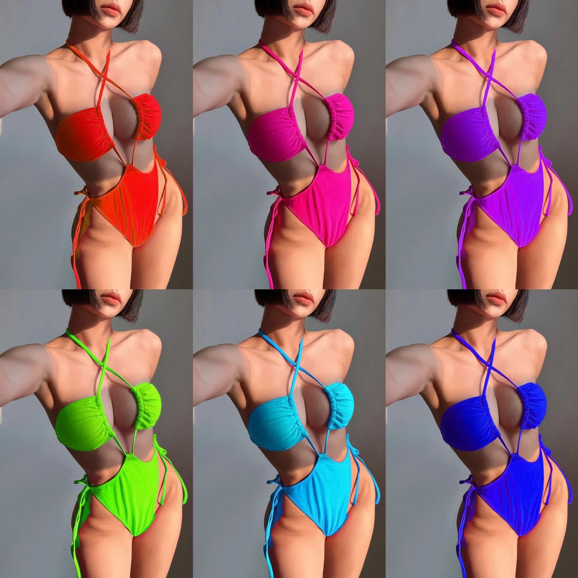 Women's drawstring one-piece swimsuit in brief style, shown in a solid colour