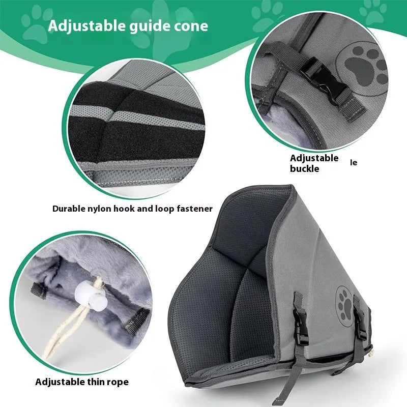Adjustable polyester recovery collar for pets, shown in single layer style with size options L, M, XL for post-operative protection.