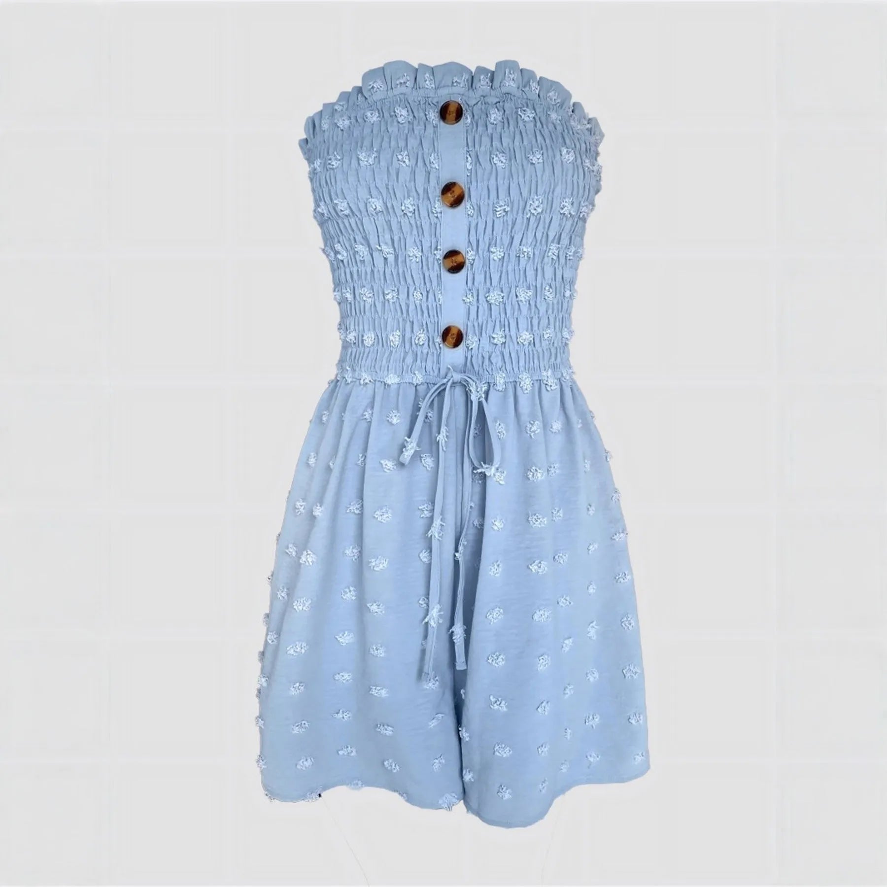 Women's blue sleeveless off-shoulder jumpsuit with button detailing and mid waist design