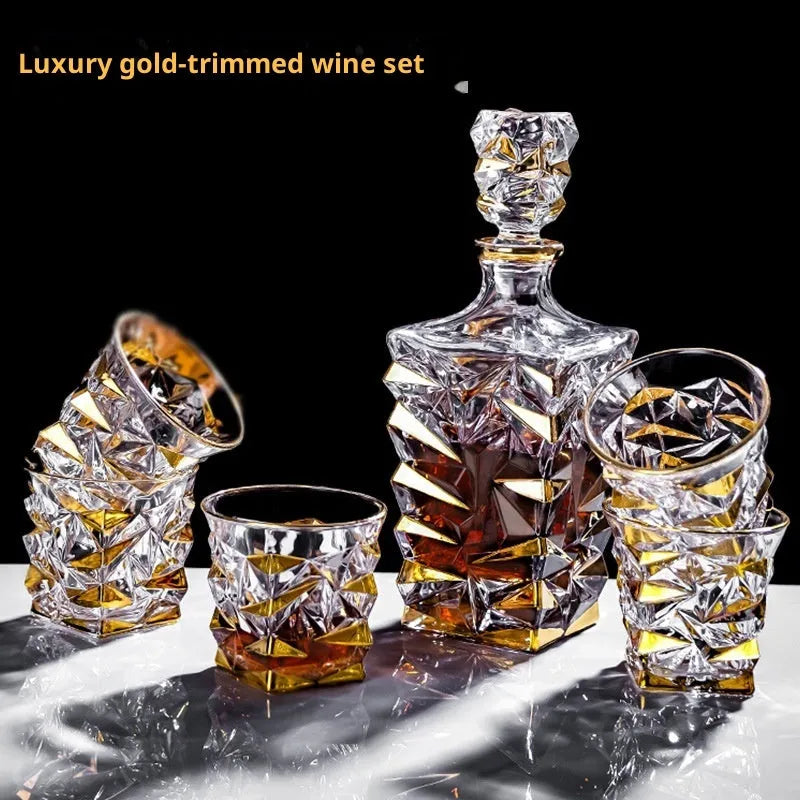 European gold painted wine glass set with ice crack pattern including six glasses and one bottle