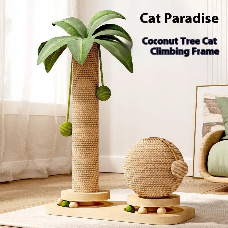 Cat climbing frame with turntable in coconut tree colour, made from wood, available in density plate or solid wood style