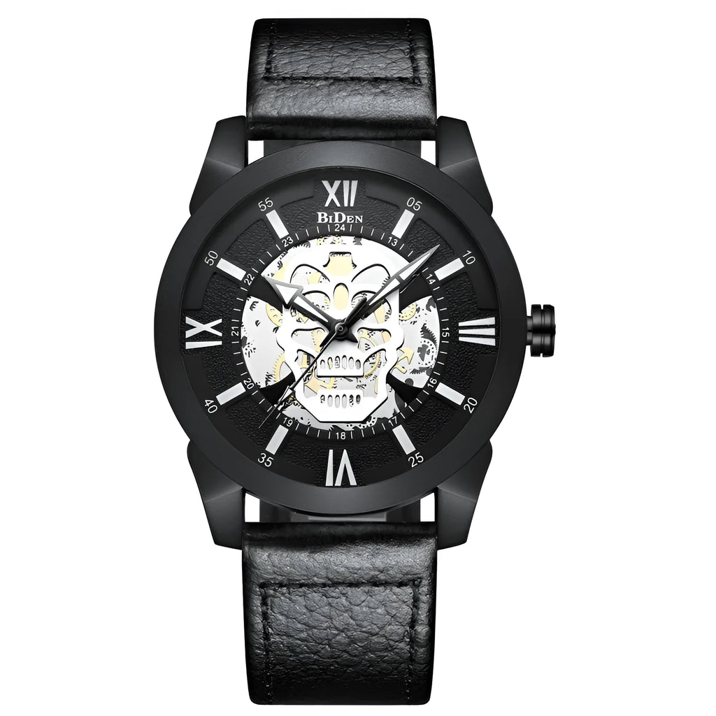 Men's quartz watch with calendar display on brown leather strap showing 4.3cm case diameter