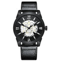 Men's quartz watch with calendar display on brown leather strap showing 4.3cm case diameter