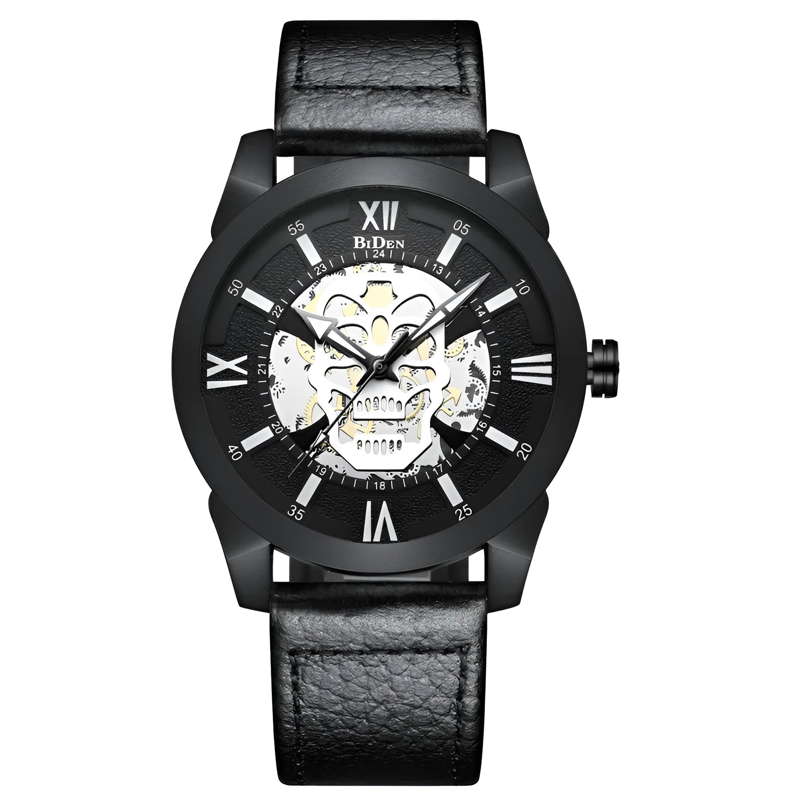 Men's quartz watch with calendar display on brown leather strap showing 4.3cm case diameter