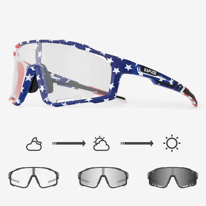 Photochromic cycling sunglasses with semi-rimless TR90 frame in one of 14 colour options.