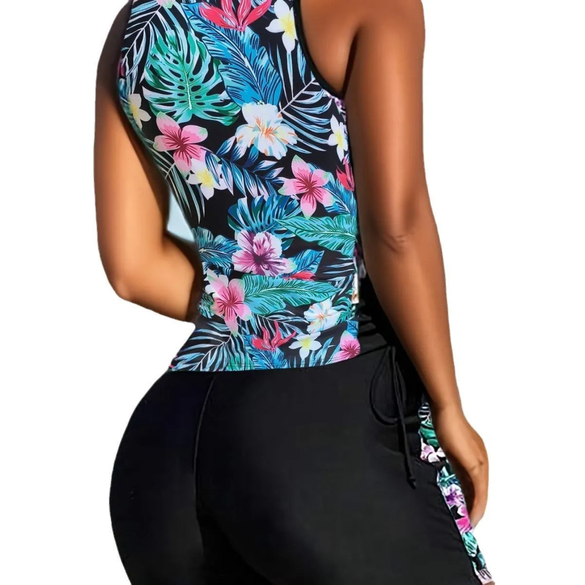 Plus size women's floral print swimsuit bikini with high waist briefs in navy blue.