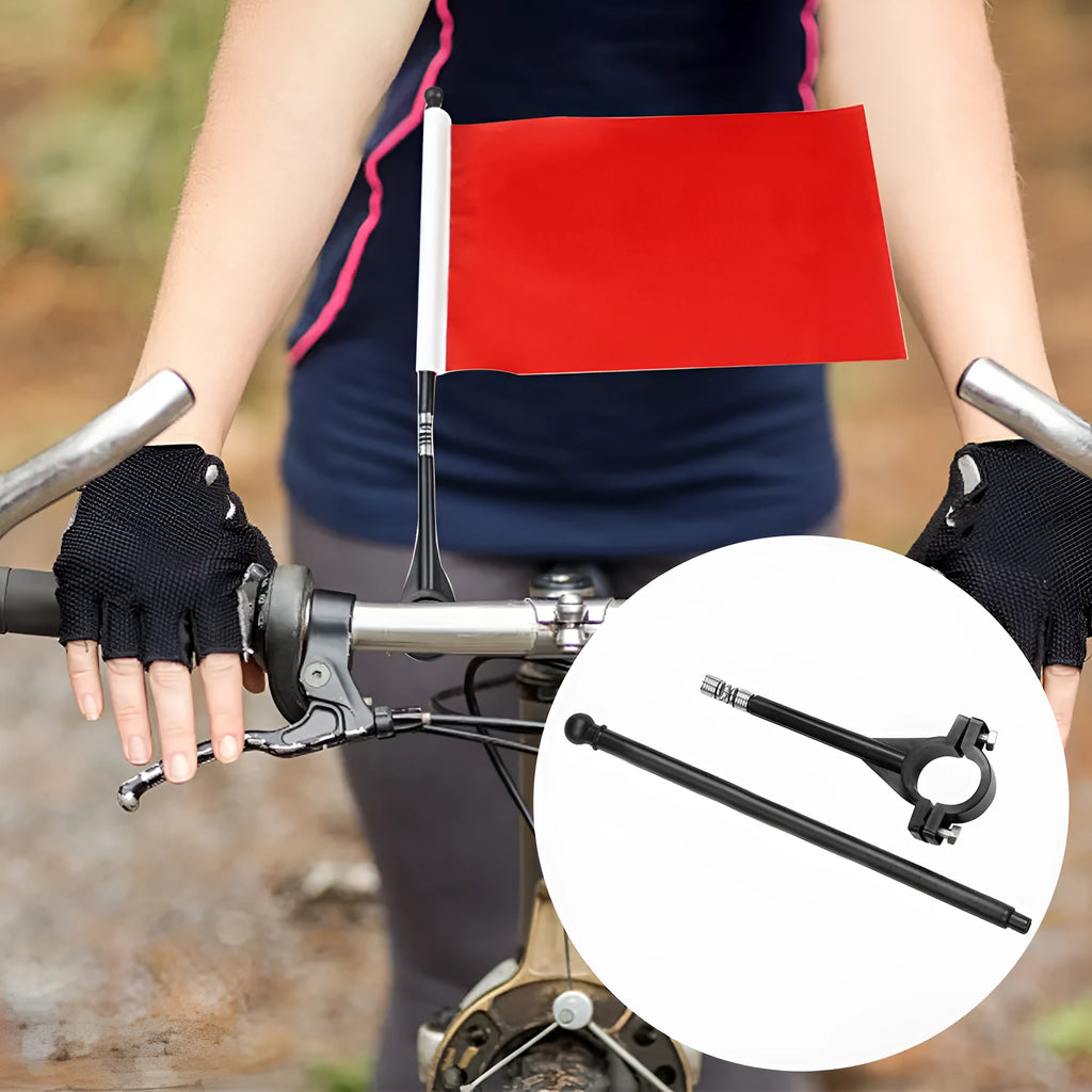 Square polyester flag on a plastic handlebar flag pole for bicycles.
