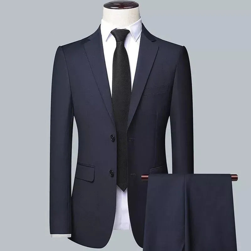 Men's three-piece Korean style slim fit business suit set in black, grey or Tibetan blue with trousers and tie