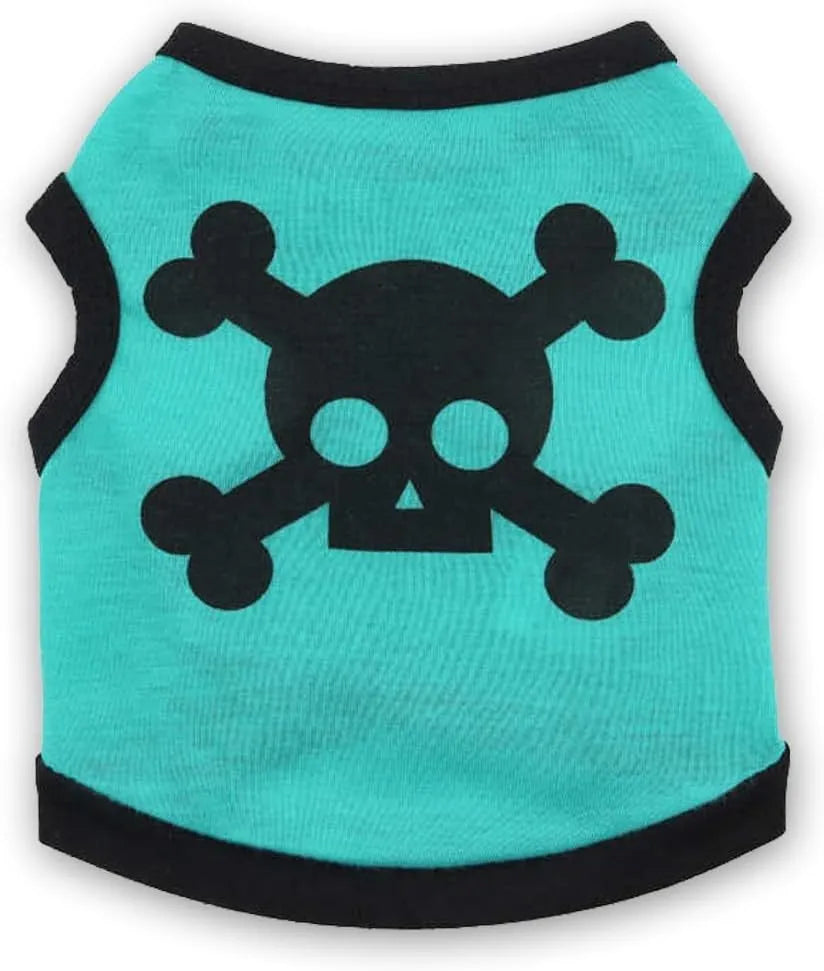 Blue Halloween dog vest with skull bones pattern on a small dog