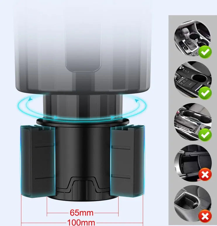 Matte black adjustable car cup holder expander for large bottles and cups.