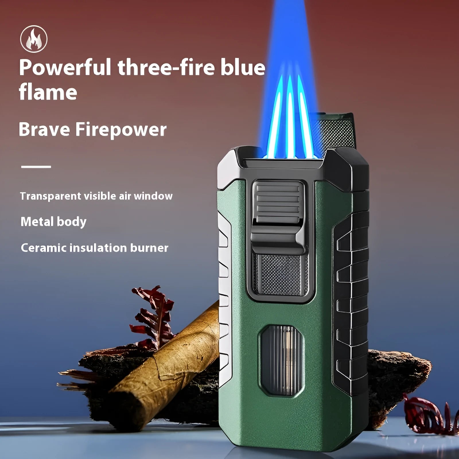 Metal three-fire straight blue flame cigar lighter in black with wind-resistant design