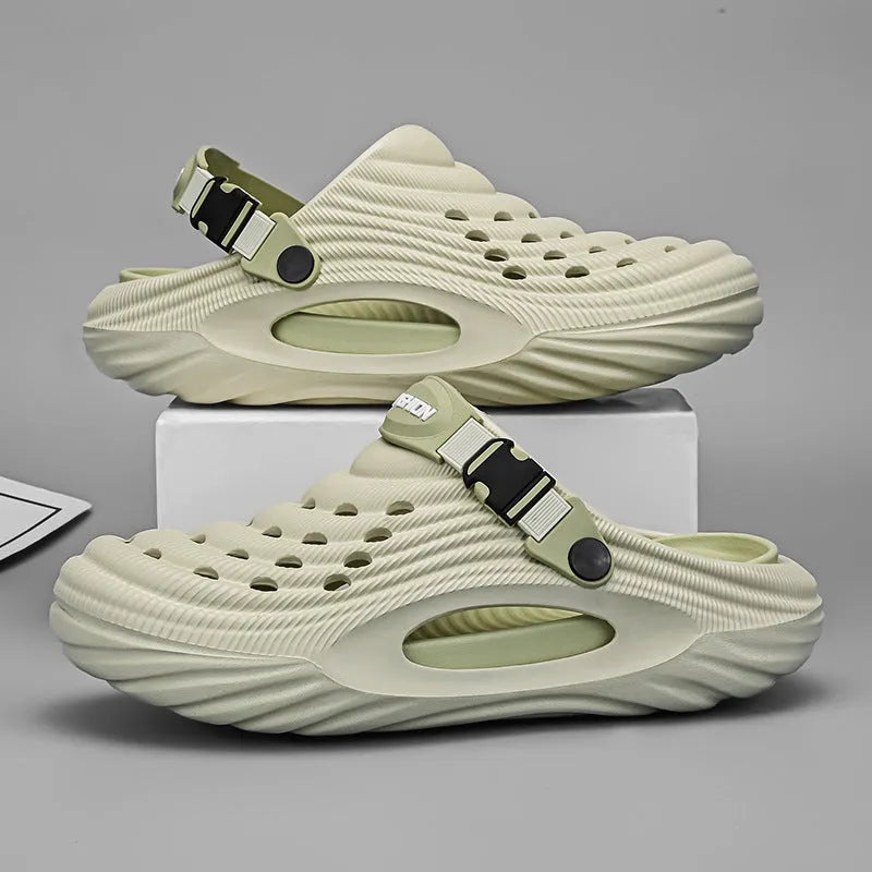 Men's EVA platform slippers in light green with hollow-out design shown from side