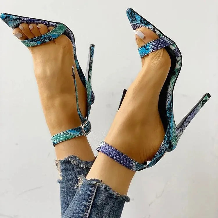Blue women's court heels with hollow out design and buckle fastening in large European sizes