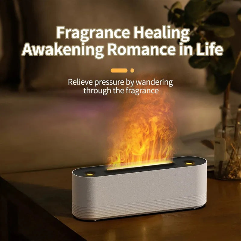 Flame air humidifier diffuser with LED lights showing flame effect, black colour, USB cable